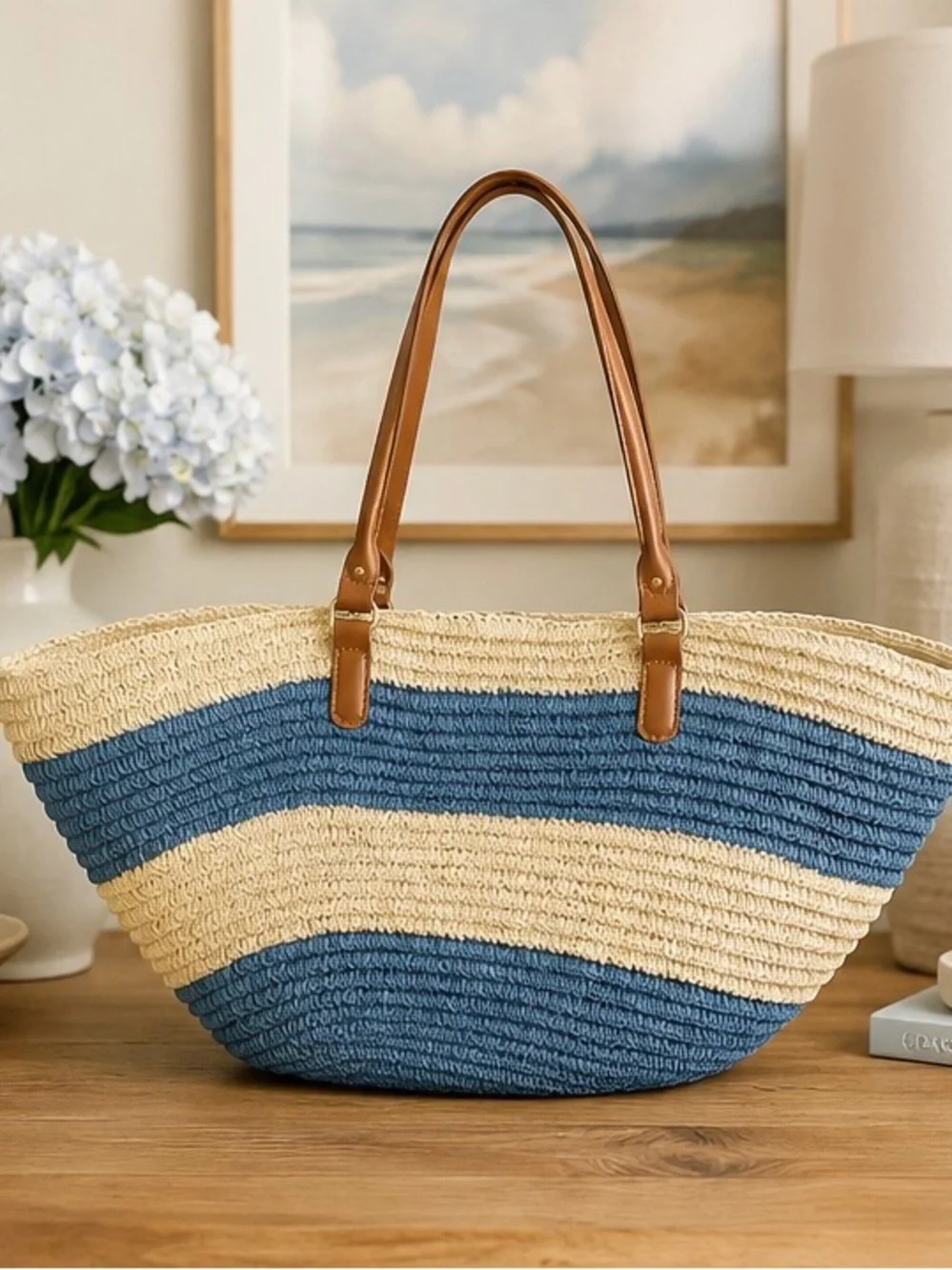Tommy Bahama Blue & Cream Striped Raffia Tote - Beach / Pool bag- super cute!